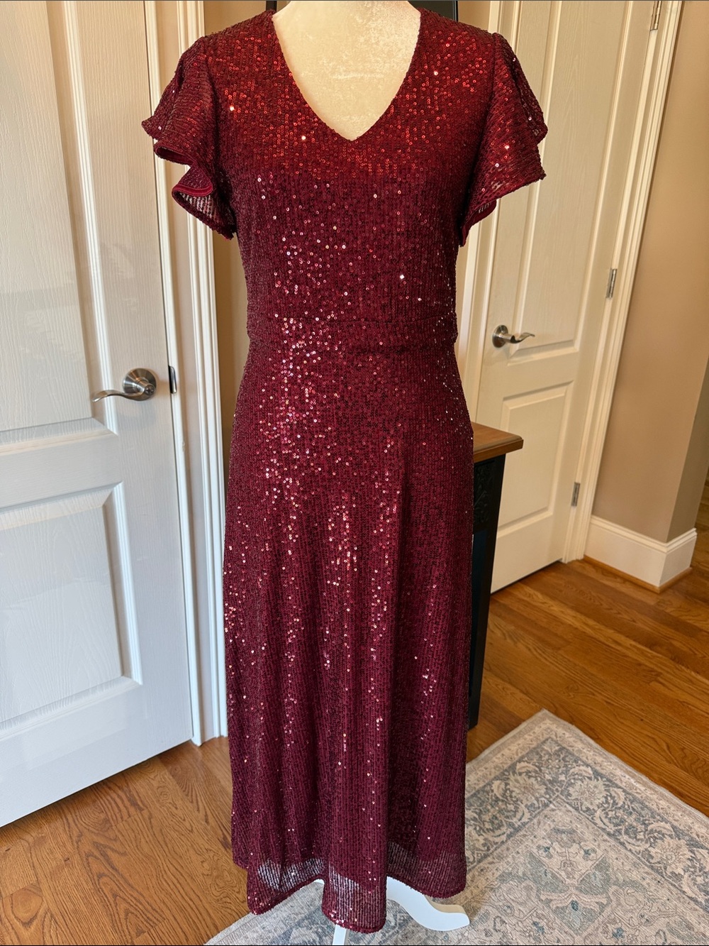 The Limited Burgundy Red Sequin Flutter Sleeve Midi Dress M